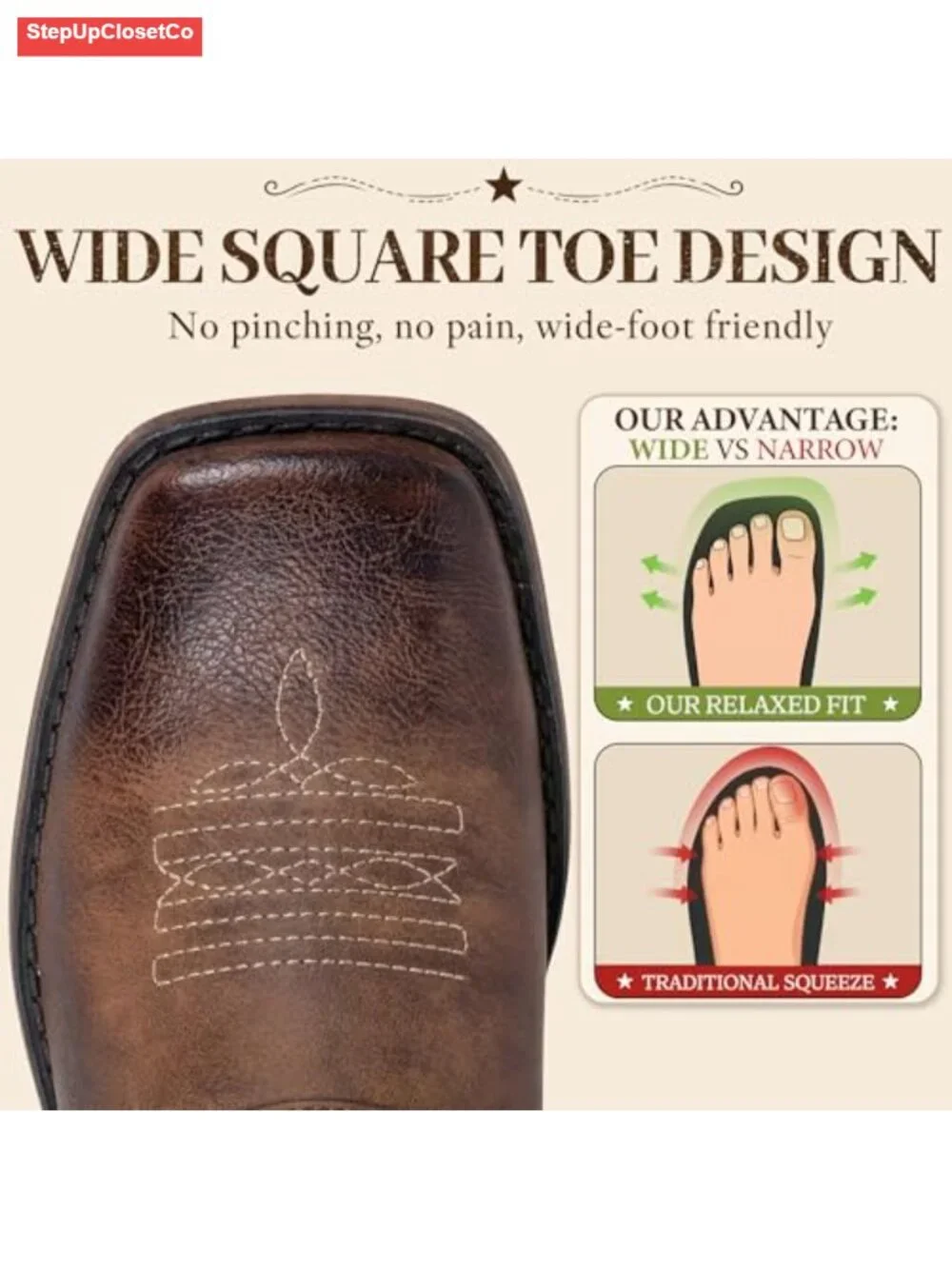 Square Toe Cowboy Boots Mid Calf Western Cowgirl Boots Wide Calf PU Leather